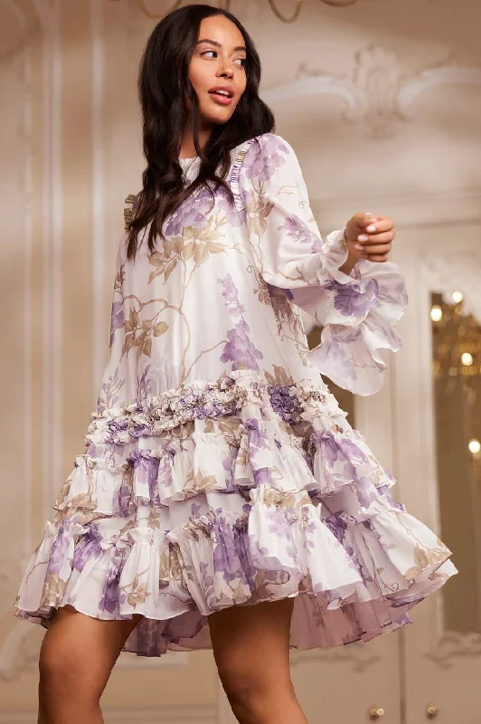 Midi dresses with pom - pom trims for a playful and festive look Wisteria Chiffon Round Neck Mini Dress