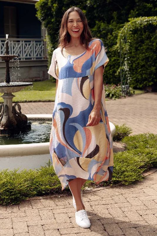 Sleeveless midi dresses with lace details for summer weddings Connie Blue Swirl Pocket Dress