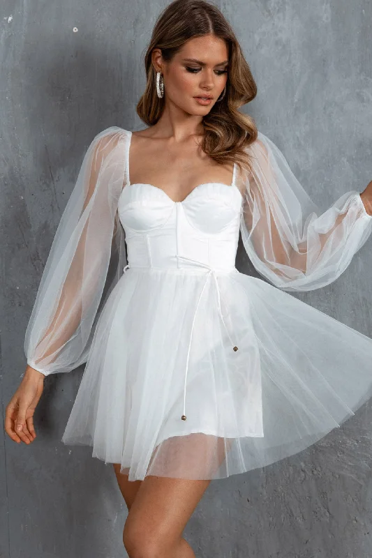 Leather mini dresses for a edgy style Fairytale Dream Sheer Sleeve Mini Dress White