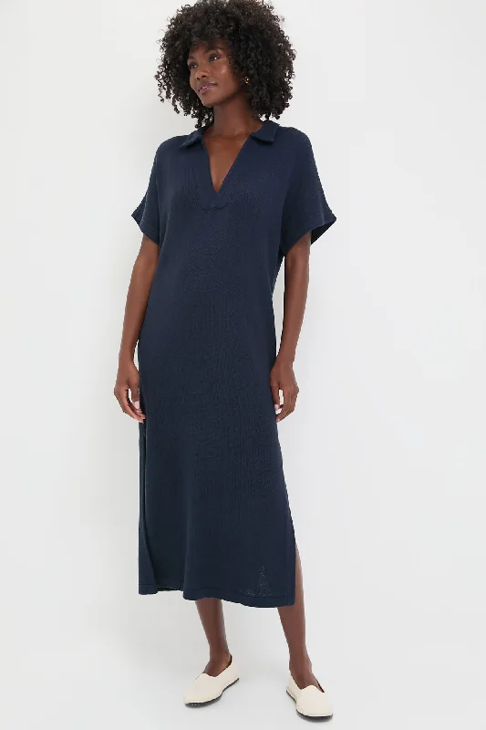 Midi dresses with pleated bodices for a classic and tailored look Navy Knit Maren Polo Dress Midi dresses with pleated bodices for a classic and tailored look Navy Knit Maren Polo Dress