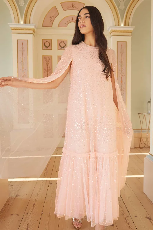 Midi dresses with metallic threads for a glamorous evening event Scatter Dot Cape Tiered Ankle Gown Midi dresses with metallic threads for a glamorous evening event Scatter Dot Cape Tiered Ankle Gown