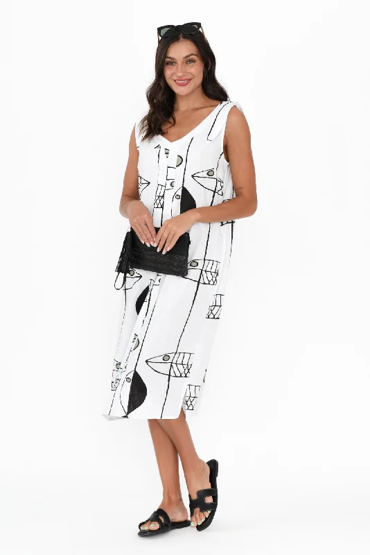 A - line midi dresses with floral prints for spring brunches Gretal White Sea Linen Cotton Dress A - line midi dresses with floral prints for spring brunches Gretal White Sea Linen Cotton Dress