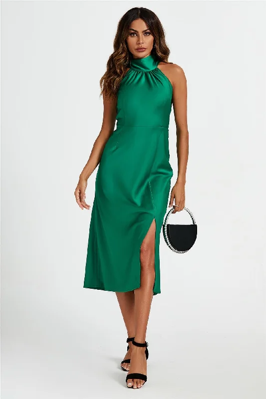 Midi dresses with tiered skirts for a bohemian festival look Satin Halter Neck Tie Back Midi Dress In Green Midi dresses with tiered skirts for a bohemian festival look Satin Halter Neck Tie Back Midi Dress In Green