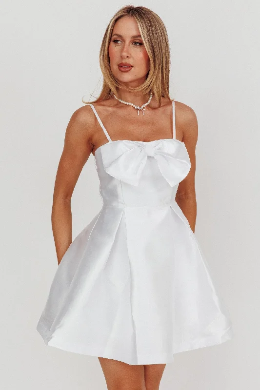 Mini dresses with side slits for a sexy appeal Love Talk Flared Bow Mini Dress White Mini dresses with side slits for a sexy appeal Love Talk Flared Bow Mini Dress White