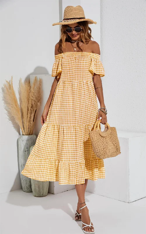 Midi dresses with printed lining for a hidden and stylish detail Lockeres, schulterfreies Bardot-Midikleid mit Rüschen in Gelb Midi dresses with printed lining for a hidden and stylish detail Lockeres, schulterfreies Bardot-Midikleid mit Rüschen in Gelb