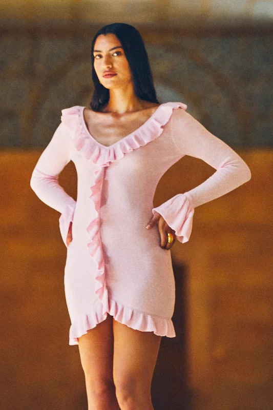 Mini dresses with polka dot patterns Karolina Knit Mini Dress With Frill - Blush Pink Mini dresses with polka dot patterns Karolina Knit Mini Dress With Frill - Blush Pink