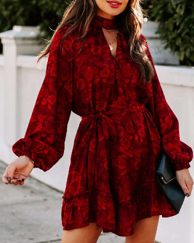 Satin mini dresses for a luxurious feel Mazy Pocketed Floral Keyhole Dress - Wine
