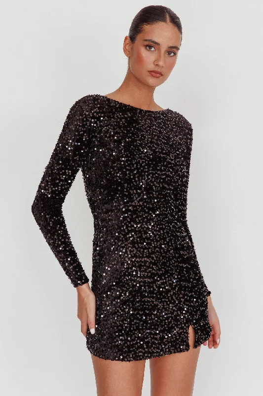 Mini dresses with high - low hems for a modern twist Demure Long Sleeve Open Back Dress Sequin Black Mini dresses with high - low hems for a modern twist Demure Long Sleeve Open Back Dress Sequin Black