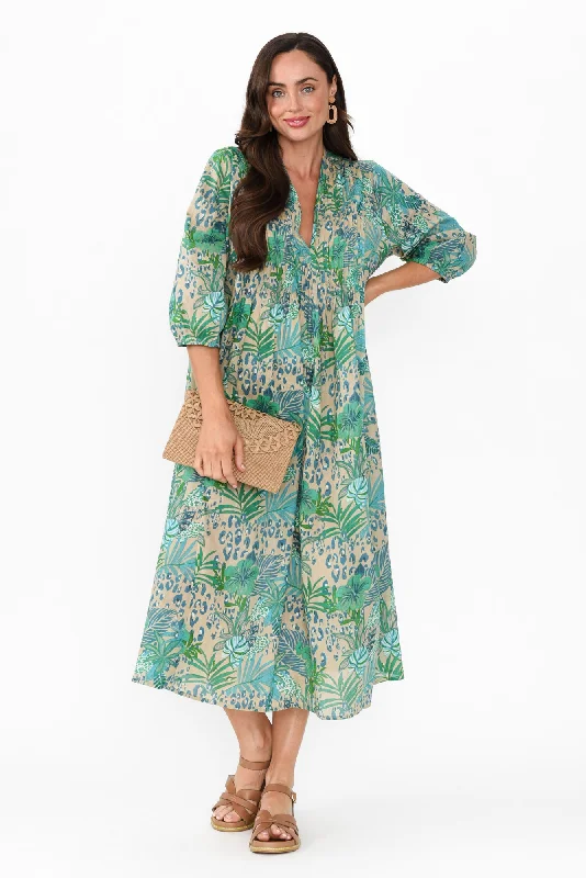 Midi dresses with off - the - shoulder necklines for a flirty look Fria Blue Jungle Cotton Dress Midi dresses with off - the - shoulder necklines for a flirty look Fria Blue Jungle Cotton Dress