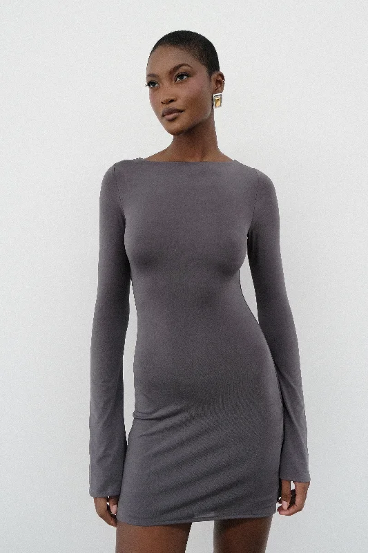 Mini dresses with halter necks for a stylish choice Tarna Slinky A-Line Mini Dress - Charcoal Mini dresses with halter necks for a stylish choice Tarna Slinky A-Line Mini Dress - Charcoal