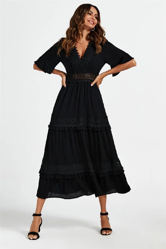 Midi dresses with pom - pom trims for a playful and festive look V Neck Lace Detail Midi Dress In Black Midi dresses with pom - pom trims for a playful and festive look V Neck Lace Detail Midi Dress In Black