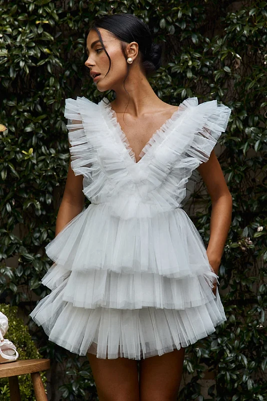 Mini dresses with ruched bodices for a feminine touch Froufrou Layered Tulle Mini Dress White Mini dresses with ruched bodices for a feminine touch Froufrou Layered Tulle Mini Dress White