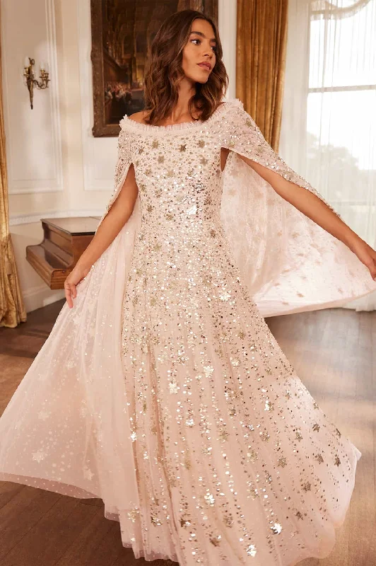Midi dresses with ruched bodices for a feminine and fitted feel Shooting Stars Cape Ankle Gown Midi dresses with ruched bodices for a feminine and fitted feel Shooting Stars Cape Ankle Gown