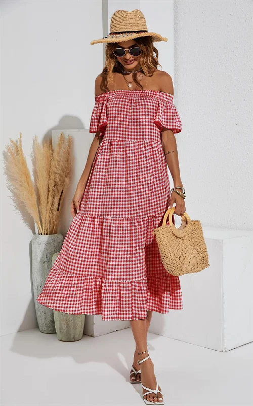 Midi dresses with V - necklines for a flattering and elongating effect Lockeres, schulterfreies Bardot-Midikleid mit Rüschen in Rot Midi dresses with V - necklines for a flattering and elongating effect Lockeres, schulterfreies Bardot-Midikleid mit Rüschen in Rot