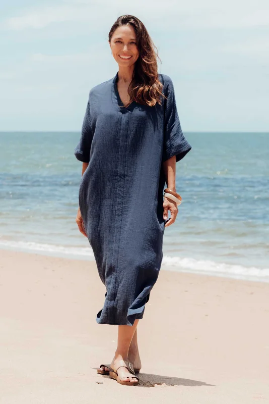 Midi dresses with asymmetric hems for a fashion - forward and dynamic appearance Juniper Navy Cotton Cheesecloth Dress Midi dresses with asymmetric hems for a fashion - forward and dynamic appearance Juniper Navy Cotton Cheesecloth Dress