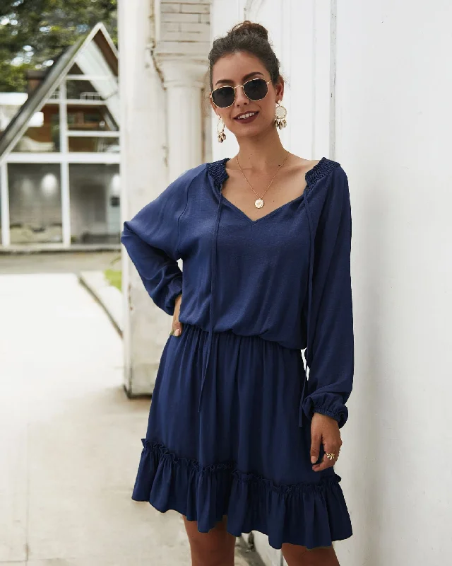 Mini dresses with puff sleeves for a vintage look Marta Ruffle Tiered Dress - Navy