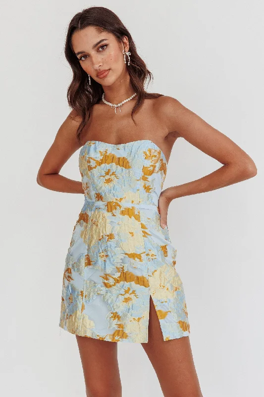 Plaid mini dresses for fall fashion Marlina Strapless Jacquard Mini Dress Blue