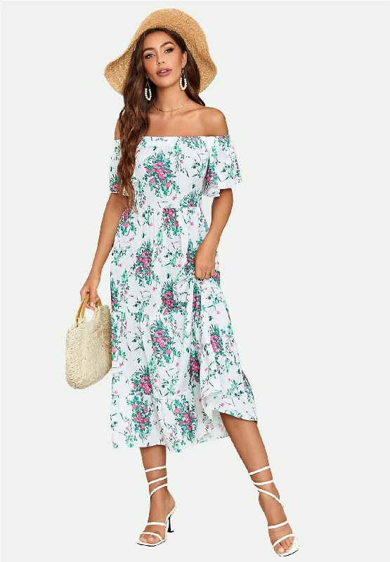 Midi dresses with tiered skirts for a bohemian festival look Lockeres Bardot-Midikleid mit Blumenmuster in Weiß Midi dresses with tiered skirts for a bohemian festival look Lockeres Bardot-Midikleid mit Blumenmuster in Weiß