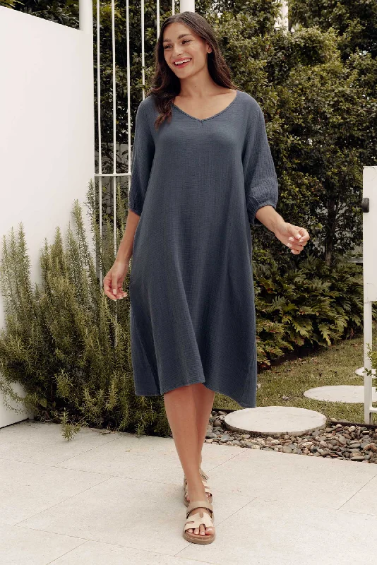 Midi dresses with mesh inserts for a trendy and breathable option Caylen Navy Cotton Cheesecloth Dress Midi dresses with mesh inserts for a trendy and breathable option Caylen Navy Cotton Cheesecloth Dress