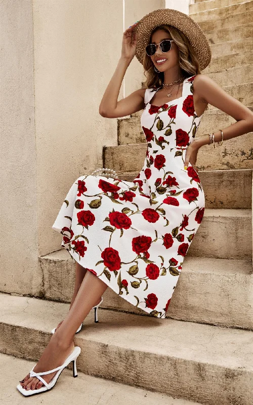 Midi dresses with keyhole backs for a flirty and unexpected detail Midikleid mit Herzausschnitt und rotem Rosen-Print in Off-White Midi dresses with keyhole backs for a flirty and unexpected detail Midikleid mit Herzausschnitt und rotem Rosen-Print in Off-White