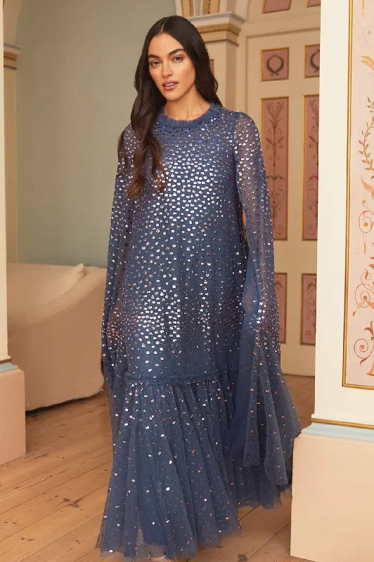 Midi dresses with denim fabric for a casual yet stylish day out Scatter Dot Cape Tiered Ankle Gown Midi dresses with denim fabric for a casual yet stylish day out Scatter Dot Cape Tiered Ankle Gown