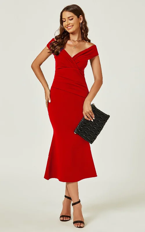 Midi dresses with polka dot prints for a playful summer outfit Bardot Pleated Midi Dress In Red Midi dresses with polka dot prints for a playful summer outfit Bardot Pleated Midi Dress In Red