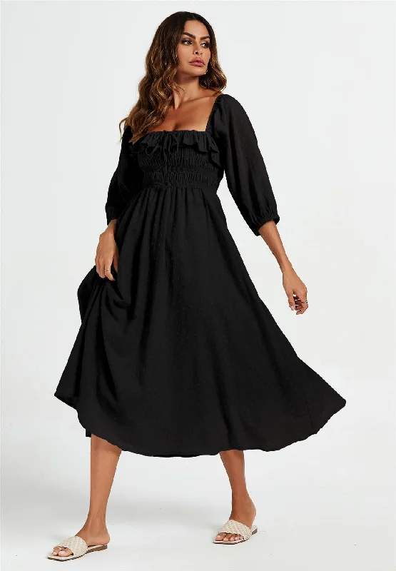 Midi dresses with sheer panels for a touch of allure Frill Detail Square Neckline Midi Dress In Black Midi dresses with sheer panels for a touch of allure Frill Detail Square Neckline Midi Dress In Black