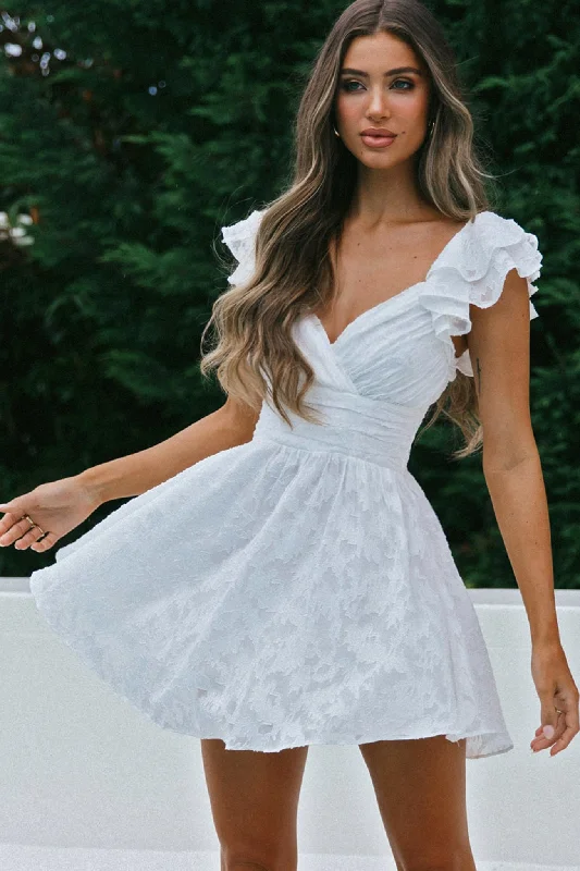 Mini dresses with ribbed textures for a unique appearance Lola Ruffle Shoulder Ruched Dress Textured White Mini dresses with ribbed textures for a unique appearance Lola Ruffle Shoulder Ruched Dress Textured White
