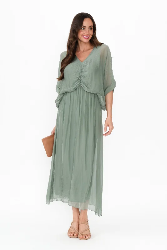 Midi dresses with ribbed textures for a unique and tactile appearance Kerry Khaki Silk Gathered Dress Midi dresses with ribbed textures for a unique and tactile appearance Kerry Khaki Silk Gathered Dress