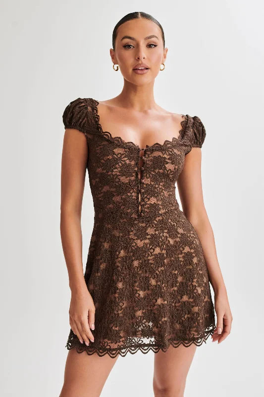 Sequined mini dresses for New Year's Eve Temperance Lace A-Line Mini Dress - Chocolate Sequined mini dresses for New Year's Eve Temperance Lace A-Line Mini Dress - Chocolate