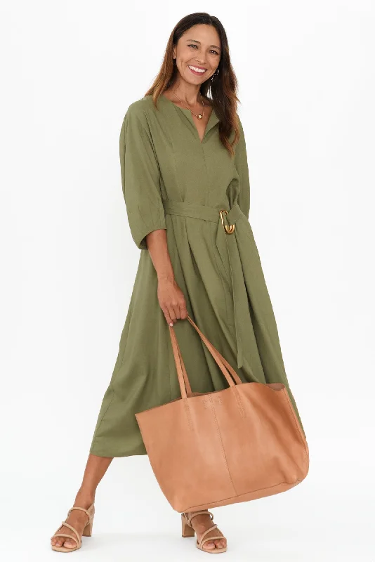 Midi dresses with patchwork patterns for a one - of - a - kind style Shoreline Khaki Linen Blend Belted Dress Midi dresses with patchwork patterns for a one - of - a - kind style Shoreline Khaki Linen Blend Belted Dress