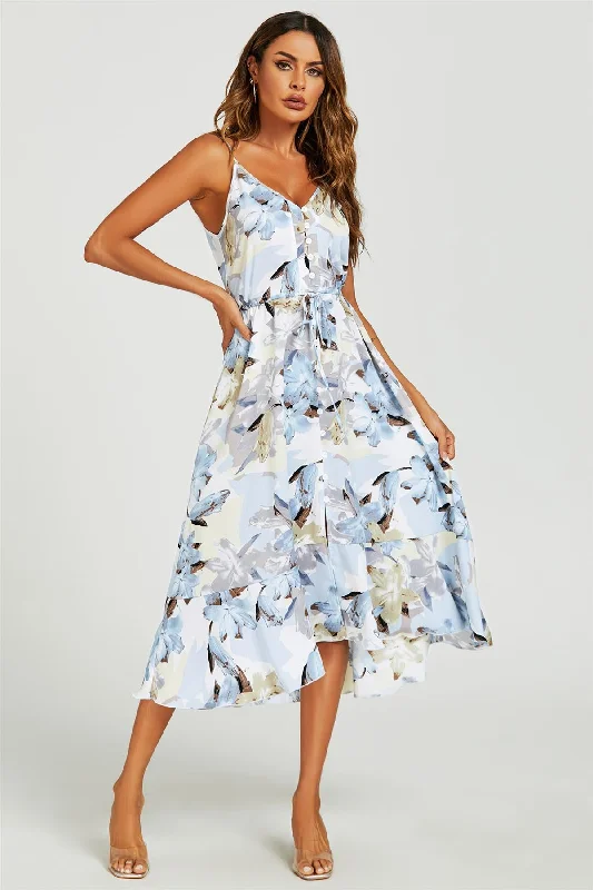 Midi dresses with empire waists for a flattering maternity option Kleid mit Blumenmuster und Knopfleiste, hohem Bund und Trägern in Blau Midi dresses with empire waists for a flattering maternity option Kleid mit Blumenmuster und Knopfleiste, hohem Bund und Trägern in Blau