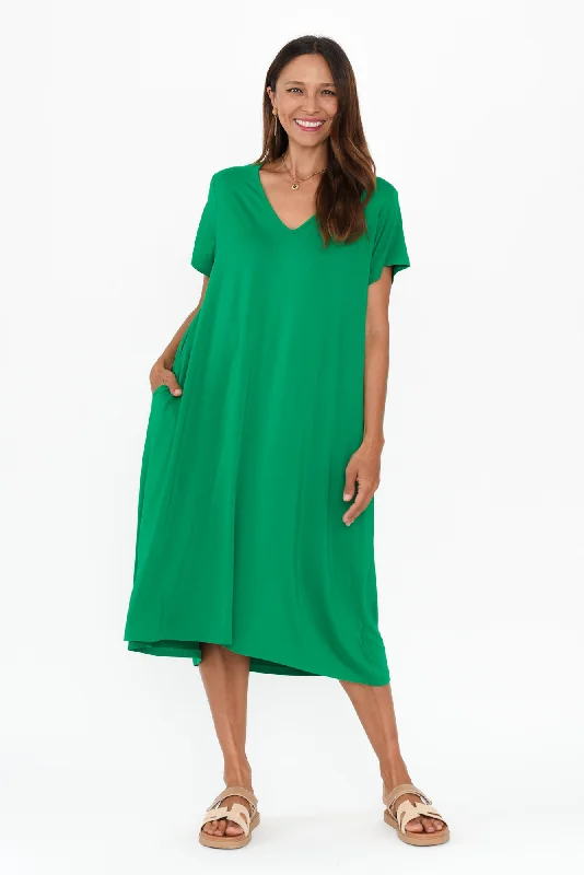 Midi dresses with button - front designs for a classic touch Tiffany Green Bamboo Tee Dress Midi dresses with button - front designs for a classic touch Tiffany Green Bamboo Tee Dress