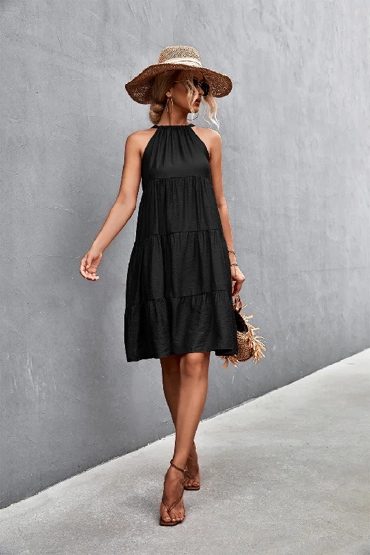 Mini dresses with patchwork designs for a unique style Southern Nights Tiered Halter Dress - Black Mini dresses with patchwork designs for a unique style Southern Nights Tiered Halter Dress - Black