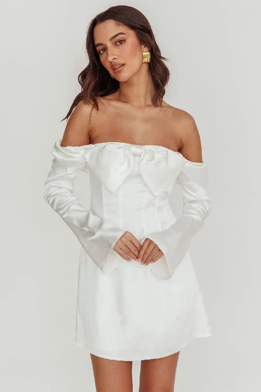 Printed mini dresses for a casual day out Lilith Off Shoulder Bow Mini Dress White