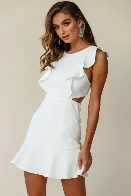 Leather mini dresses for a edgy style Jackie Wide Ruffle Hem Pinafore Dress White