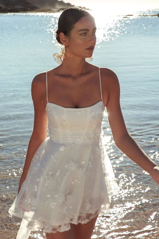 Denim mini dresses with distressed details Athens Floral Bow Mini Dress White