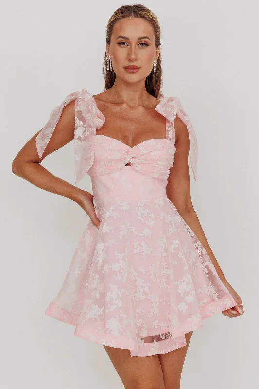 Sheer mini dresses with lace inserts Oliana Tied Shoulders Keyhole Mini Dress Blush