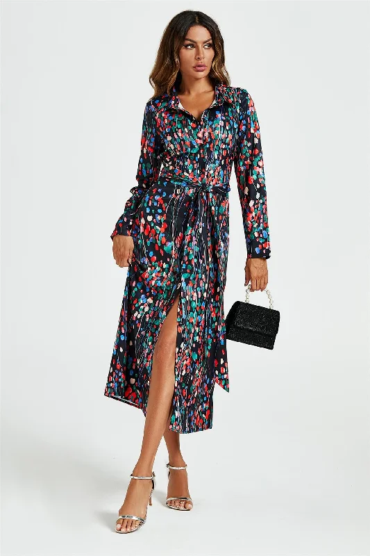 Midi dresses with satin - finish fabrics for a luxurious feel Abstract Floral Print Shirt Midi Wrap Dress In Black Midi dresses with satin - finish fabrics for a luxurious feel Abstract Floral Print Shirt Midi Wrap Dress In Black
