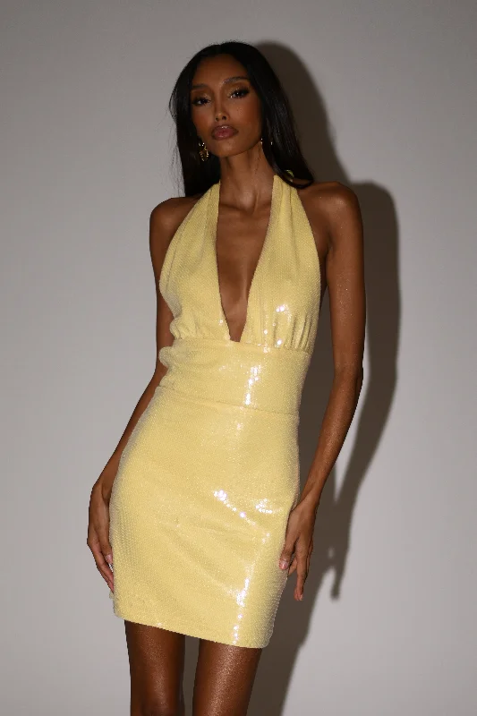 Printed mini dresses for a casual day out Carleigh Sequin Halter Mini Dress - Lemon