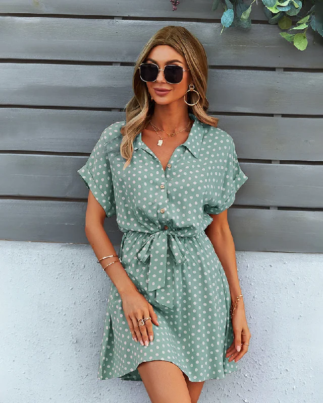 Mini dresses with abstract prints for an artistic look Manika Spotted Button Down Shirt Dress - Slate Blue Mini dresses with abstract prints for an artistic look Manika Spotted Button Down Shirt Dress - Slate Blue