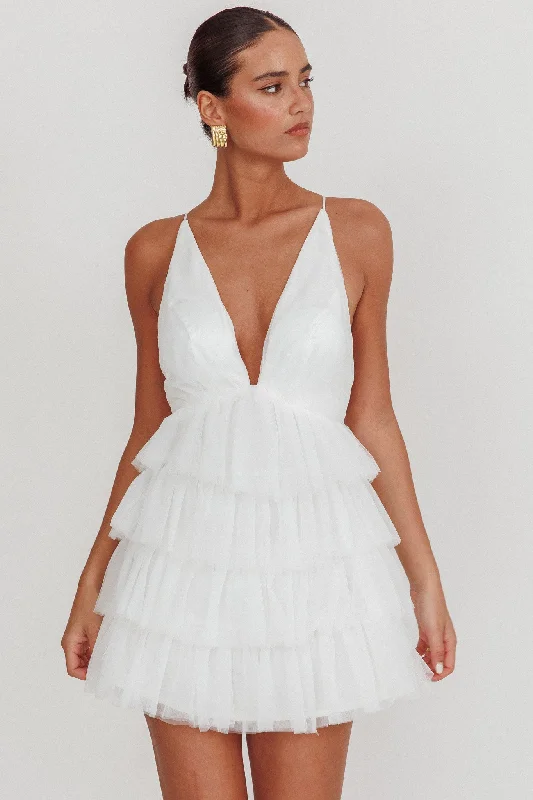 Mini dresses with empire waists for a flattering fit Auguste Tiered Ruffle Tulle Mini Dress White Mini dresses with empire waists for a flattering fit Auguste Tiered Ruffle Tulle Mini Dress White