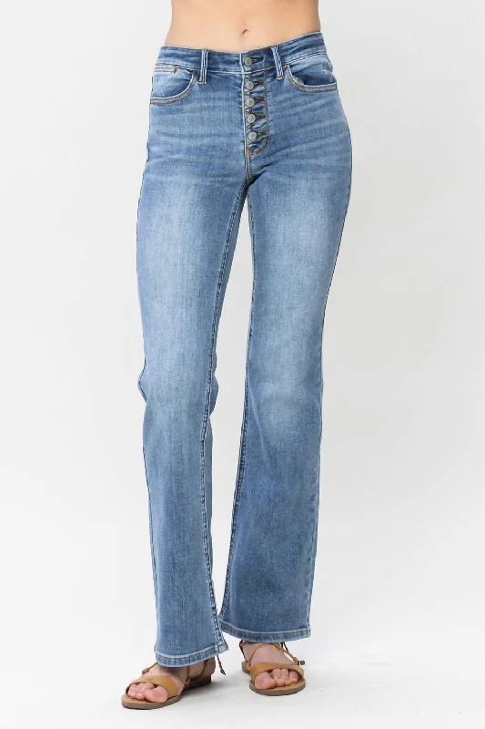 Light - wash women jeans for a fresh and summery appearanceDare To Flare Button Fly Bootcut Jeans In Blue Light - wash women jeans for a fresh and summery appearanceDare To Flare Button Fly Bootcut Jeans In Blue