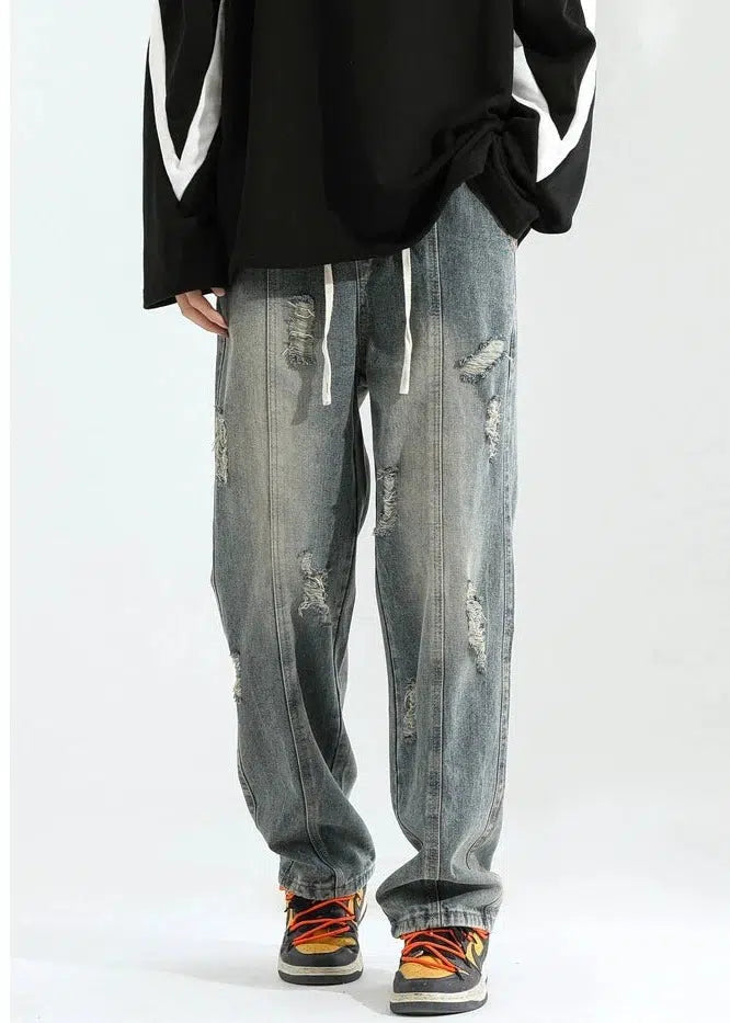 Distressed women jeans for a trendy and edgy lookElastic Drawstring Ripped Straight Jeans Distressed women jeans for a trendy and edgy lookElastic Drawstring Ripped Straight Jeans