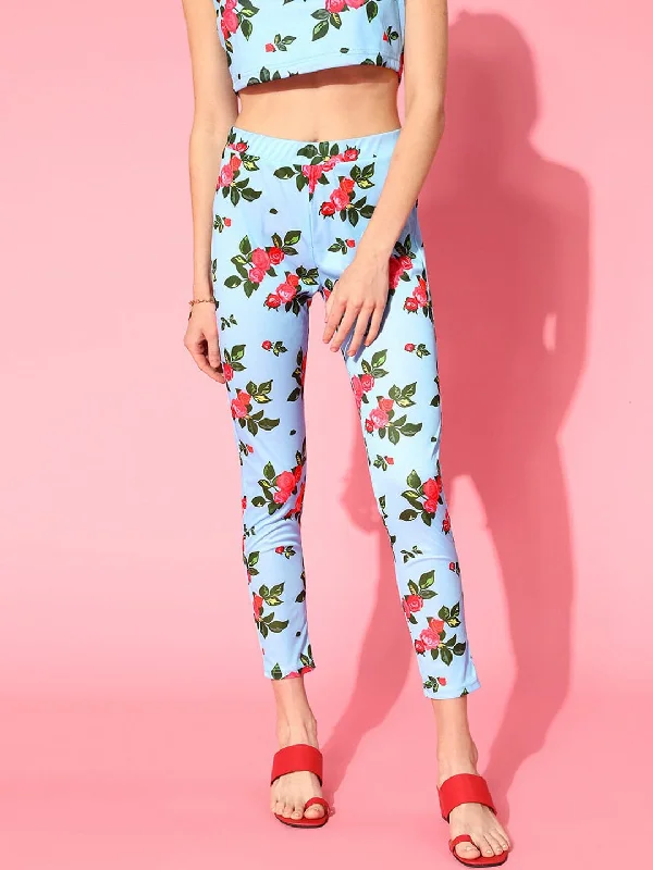 Plus Size Women's Printed Tight Trousers in Floral Patterns for a Spring - Inspired OutfitWomen Blue Floral Leggings Plus Size Women's Printed Tight Trousers in Floral Patterns for a Spring - Inspired OutfitWomen Blue Floral Leggings