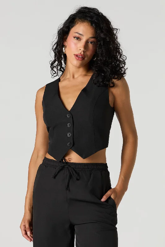 Plus Size Women's Faux Fur - Trimmed Blazers in Black for a Luxurious LookV-Neck Button-Up Cropped Vest Plus Size Women's Faux Fur - Trimmed Blazers in Black for a Luxurious LookV-Neck Button-Up Cropped Vest