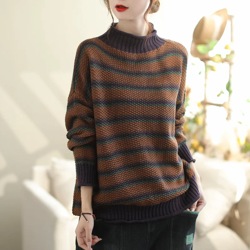 hand knitted women cardigan with artisanal charmAutumn Casual Loose Fashion Knitted Stripe Cardigan