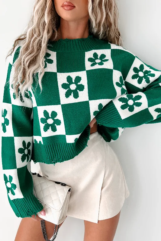 hand knitted women cardigan with artisanal charmBeauty & Brains Checkered Floral Sweater (Green/Cream) hand knitted women cardigan with artisanal charmBeauty & Brains Checkered Floral Sweater (Green/Cream)