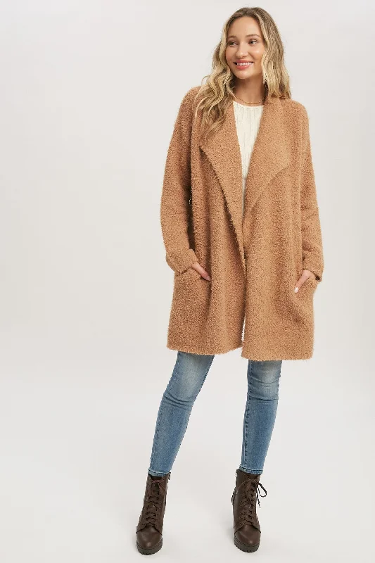 cable knit women cardigan with intricate patternsCamel Fuzzy Knit Draped Cardigan