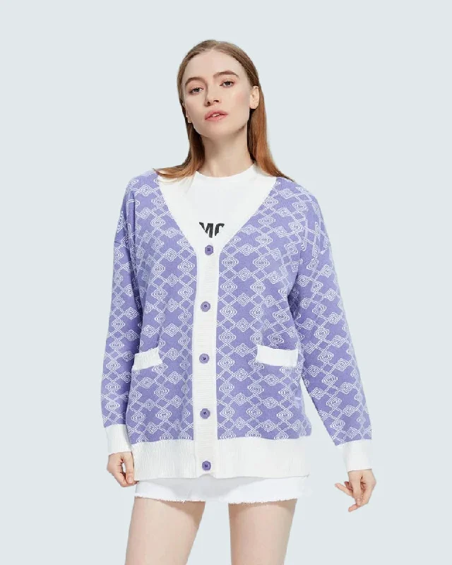boyfriend style women cardigan for a relaxed fitCross Pattern Buttoned Purple Cardigan boyfriend style women cardigan for a relaxed fitCross Pattern Buttoned Purple Cardigan